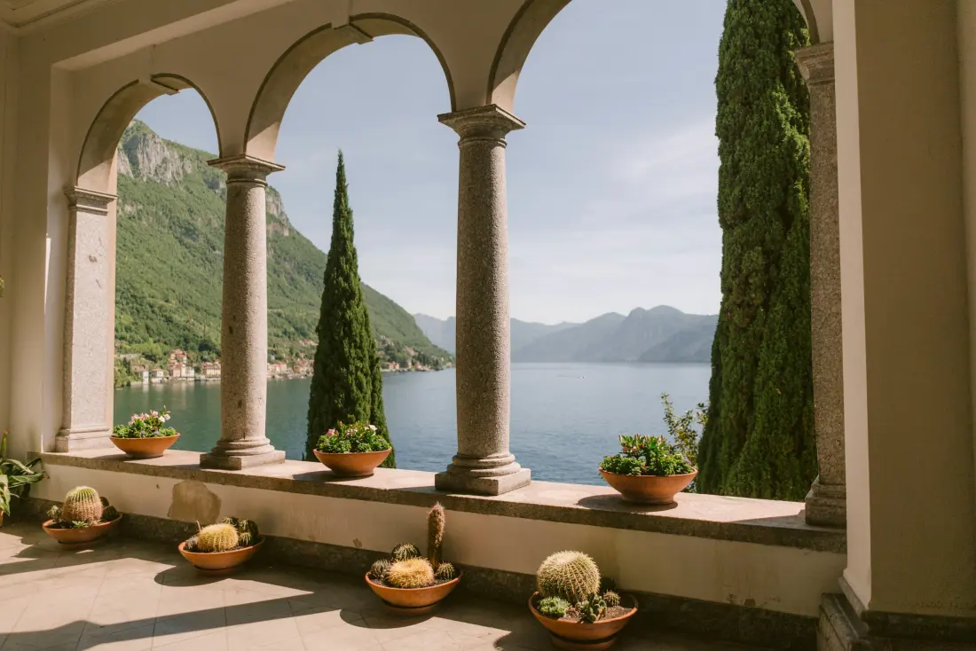 A stone loggia opening onto Lake Como