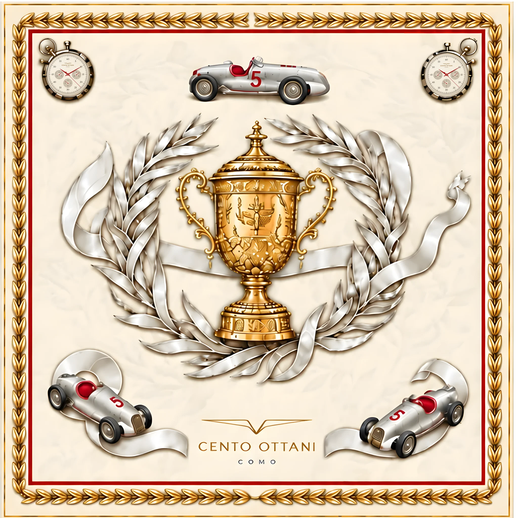 Podio: a gilded trophy among silver laurel and ribbons on a light cream ground